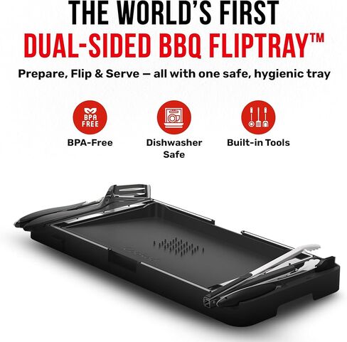 Grillbot FlipTray Dual-Sided Grilling Prep and Serving Tray - Raw/Cooked Food Separation, BBQ Grill Carry System Tray, Built-in Stainless Tools, BPA-Free, Dishwasher Safe, Tray for Outdoor Grill in Saudi Arabia