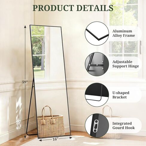 مرآة كاملة الطول 59 بوصة × 16 بوصة مرآة أرضية لكامل الجسم مع حامل، زجاج مقاوم للكسر، إطار من سبائك الألومنيوم، مرايا مستطيلة قائمة بذاتها مثبتة على الحائط أو مائلة لغرفة النوم ومدخل غرفة المعيشة in Kuwait