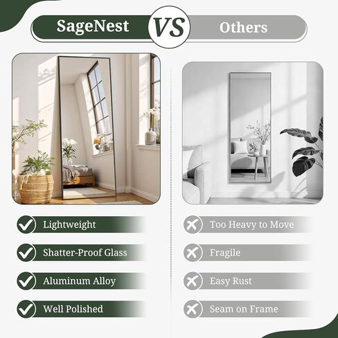 مرآة كاملة الطول 59 بوصة × 16 بوصة مرآة أرضية لكامل الجسم مع حامل، زجاج مقاوم للكسر، إطار من سبائك الألومنيوم، مرايا مستطيلة قائمة بذاتها مثبتة على الحائط أو مائلة لغرفة النوم ومدخل غرفة المعيشة in Kuwait