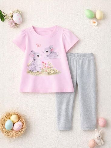 Girl 2-piece Easter bunny set, pure cotton T-shirt and leggings combination, suitable for children aged 2-7 in Saudi Arabia