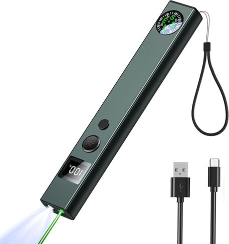 مؤشر ليزر أخضر مع ضوء أخضر ومصباح يدوي، مؤشر ليزر لمسافة طويلة للعروض التقديمية مع بوصلة وشاشة عرض، ضوء عمل قابل لإعادة الشحن USB من النوع C للاستخدام في الهواء الطلق والطوارئ والعمل in Kuwait