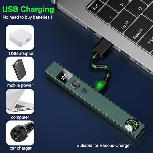 مؤشر ليزر أخضر مع ضوء أخضر ومصباح يدوي، مؤشر ليزر لمسافة طويلة للعروض التقديمية مع بوصلة وشاشة عرض، ضوء عمل قابل لإعادة الشحن USB من النوع C للاستخدام في الهواء الطلق والطوارئ والعمل in Kuwait