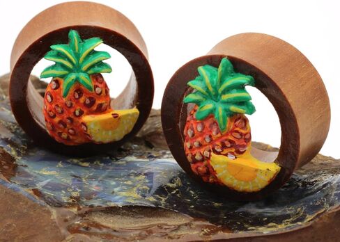 Double Flare Organic Wood Tunnel Plugs Pineapple Fruit Design Organic Body Piercing Jewelry in Kuwait