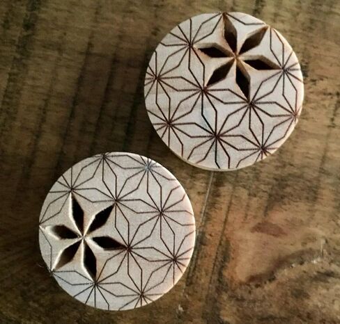 PAIR of Flower of Life Cut Out Blonde Crocodile Wood Saddle Plug/Tunnels - Gauge Body Jewelry in Saudi Arabia