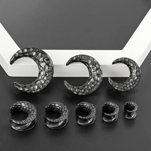 LADEMAYH 2Pcs Hypoallergenic Crescent Ear Gauges Plugs Tunnels, Hammered Meteor Crater Design Gauges for Ears, 0g-1inch 316L Surgical Stainless Steel Ear Stretcher Body Jewelry for Women & Men in Kuwait