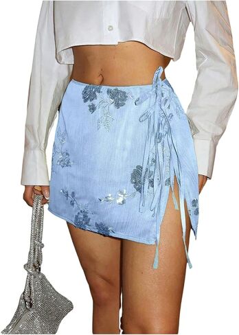 Verdusa Women's Floral Sequin Lace Up Mini Skirts Summer Vacation Slit Bodycon Skirt in Kuwait