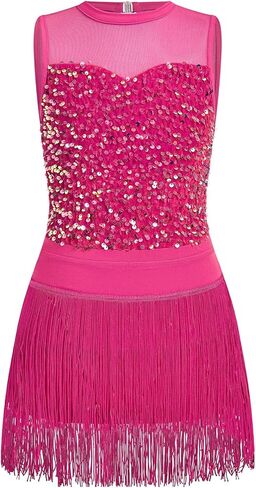 IWEMEK 2PCS Latin Jazz Hip Hop Dance Outfits for Girls Sequin Velvet Fringe Bodysuit Tassel Skirt Ballroom Dress Dancewear in Saudi Arabia