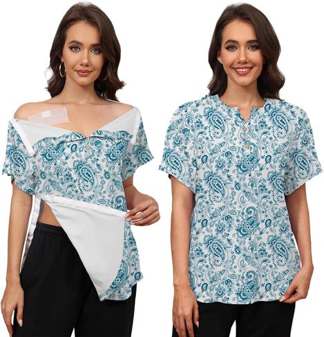 Wooden Button Post Shoulder Surgery Shirts for Women Tear Away Recovery Shirt with Full Side Snaps Adaptive Clothing in Saudi Arabia