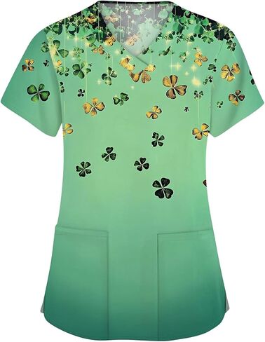 St. Patrick's Day Shamrock Women's Nurse Scrub Top Plus Size Scrubs V Neck Short Sleeve Nurse Shirt with Pocket in Saudi Arabia
