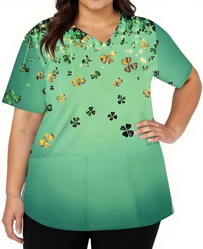 St. Patrick's Day Shamrock Women's Nurse Scrub Top Plus Size Scrubs V Neck Short Sleeve Nurse Shirt with Pocket in Saudi Arabia