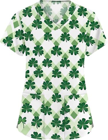 St. Patrick's Day Shamrock Women's Nurse Scrub Top Plus Size Scrubs V Neck Short Sleeve Nurse Shirt with Pocket in Saudi Arabia