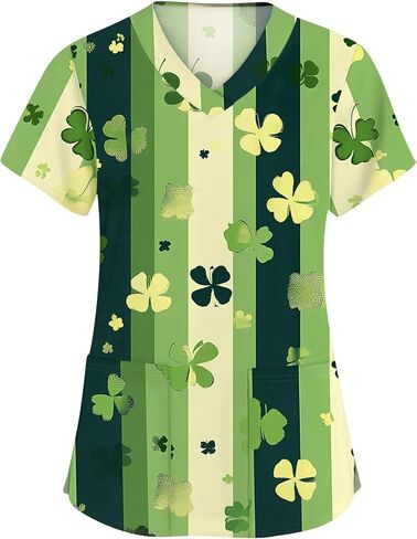 St. Patrick's Day Shamrock Women's Nurse Scrub Top Plus Size Scrubs V Neck Short Sleeve Nurse Shirt with Pocket in Saudi Arabia