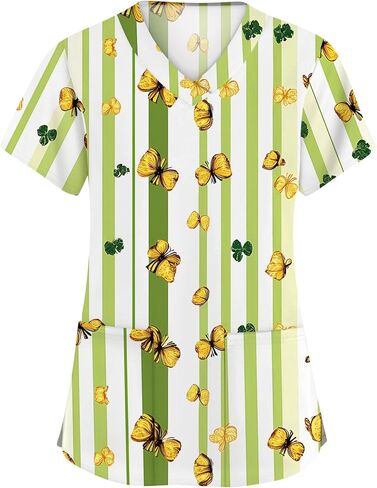 St. Patrick's Day Shamrock Women's Nurse Scrub Top Plus Size Scrubs V Neck Short Sleeve Nurse Shirt with Pocket in Saudi Arabia