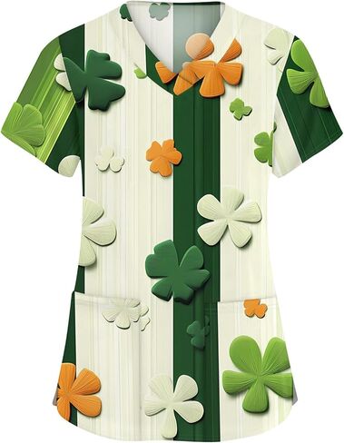 St. Patrick's Day Shamrock Women's Nurse Scrub Top Plus Size Scrubs V Neck Short Sleeve Nurse Shirt with Pocket in Saudi Arabia