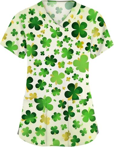 St. Patrick's Day Shamrock Women's Nurse Scrub Top Plus Size Scrubs V Neck Short Sleeve Nurse Shirt with Pocket in Saudi Arabia