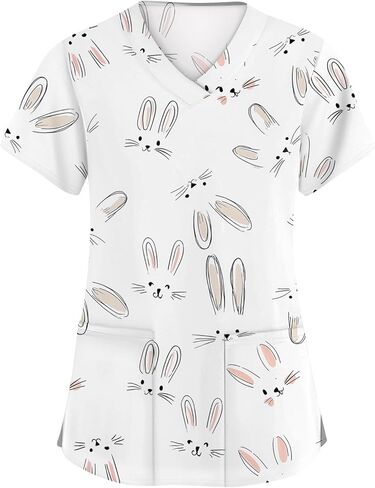 Easter Scrub Tops Women Short Sleeve V-Neck Cute Bunny and Eggs Printed Scrubs Top Medical Nurse Uniforms with Pockets in Saudi Arabia