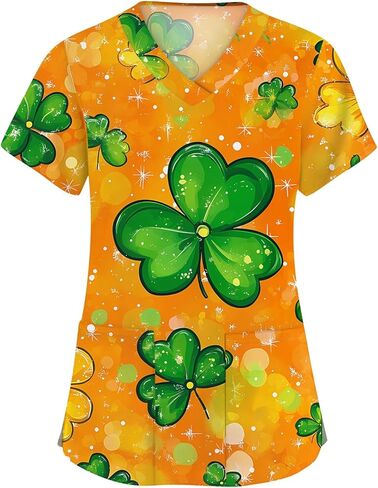 St. Patrick's Day Shamrock Women's Nurse Scrub Top Plus Size Scrubs V Neck Short Sleeve Nurse Shirt with Pocket in Saudi Arabia
