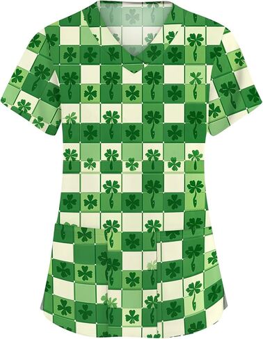 St. Patrick's Day Shamrock Women's Nurse Scrub Top Plus Size Scrubs V Neck Short Sleeve Nurse Shirt with Pocket in Saudi Arabia