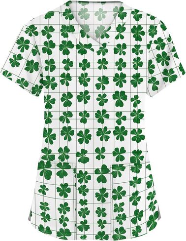 St. Patrick's Day Shamrock Women's Nurse Scrub Top Plus Size Scrubs V Neck Short Sleeve Nurse Shirt with Pocket in Saudi Arabia