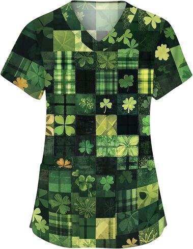 St. Patrick's Day Shamrock Women's Nurse Scrub Top Plus Size Scrubs V Neck Short Sleeve Nurse Shirt with Pocket in Saudi Arabia