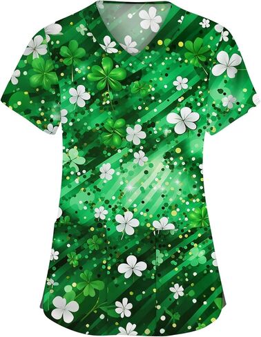 St. Patrick's Day Shamrock Women's Nurse Scrub Top Plus Size Scrubs V Neck Short Sleeve Nurse Shirt with Pocket in Saudi Arabia