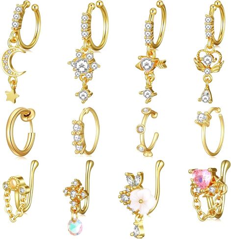 Yolev 12pcs Clip On Nose Ring Gold African Nose Cuffs Fake Noses Ring Hoop Faux Noses Piercing for Women Non Piercing Jewelry for Women Men in Saudi Arabia