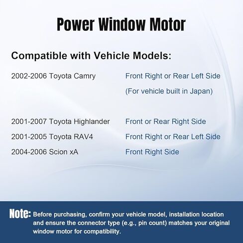 محرك رفع النافذة الأمامي الأيمن أو الجانب الأيسر للسائق متوافق مع Toyota Camry Highlander RAV4 2001 2002 2003 2004 2005 2006 2007، 2004-2006 Scion xA in Saudi Arabia