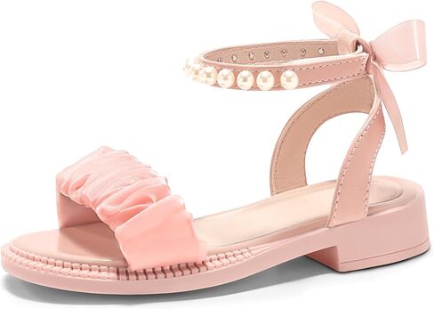 Haloumoning Girls Sandals Flower Girl Dress Shoes Chunky Low Heel Open Toe Pearl Ankle Strap Sandals Wedding Party Pumps in Saudi Arabia