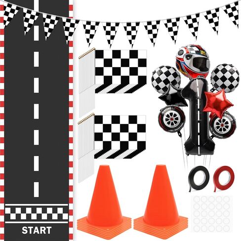 38 Pack Traffic Cones and Racing Checkered Flags for Race Car Party Supplies Include 24 Checkered Flag 12 Mini Traffic Cones 6.5Ft Racetrack Floor Running 9.8Ft Hanging Checkered Flag in Kuwait