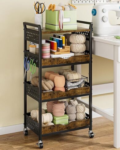 Giwil 4-Tier Rolling Storage Cart with Drawer, Small Coffee Bar with Wooden Top, Art Cart Organizer on Wheels, Metal Utility Cart for Crafts Paints Makeup Snacks Fruits, Black in Saudi Arabia