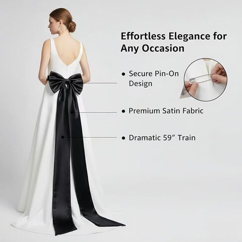 ذيل فيونكة من الساتان قابل للفصل، حزام كبير أنيق بطول 59 بوصة لحفلات الزفاف أو الحفلات الراقصة أو فساتين السهرة أو الملابس التنكرية (أسود) in Kuwait