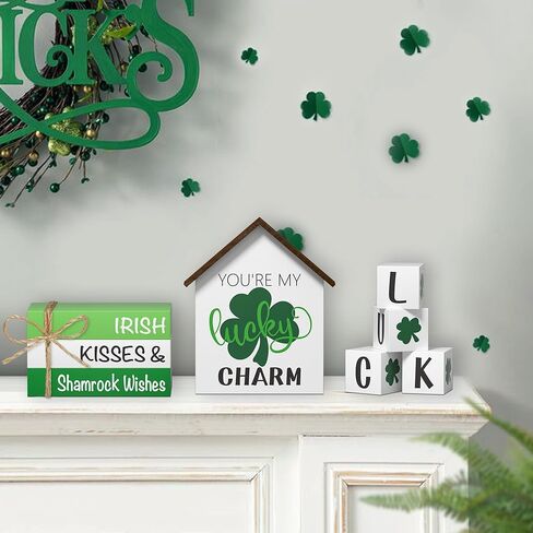 زينة عيد القديس باتريك، كتب شامروك الصناعية، 8 قطع من كتب عيد القديس باتريك المتدرجة، ديكورات كتب كومة علامات خشبية محظوظة، ديكور خشبي ريفي لطاولة المطبخ المنزلية in Kuwait