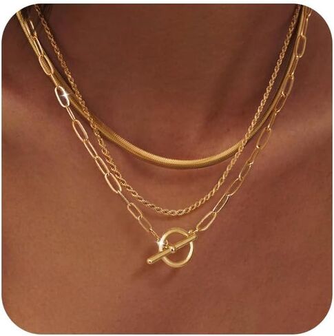 مجموعة قلادات متعددة الطبقات للنساء، 3 قطع من القلائد الرائعة القابلة للتكديس مع سلسلة ثعبان وسلسلة مشبك ورق ومشبك تبديل OT، هدية مجوهرات عصرية بسيطة مطلية بالفضة عيار 14 قيراط in Kuwait