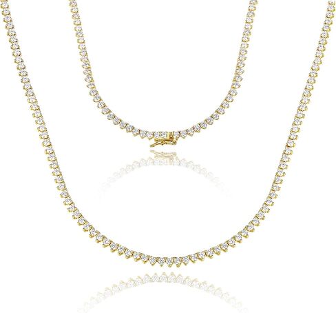 GEMSME 2mm Tennis Necklaces for Women/Men - 18K Yellow/White Gold Plated 3 Pong Setting Round Cubic Zirconia Classic Diamond Tennis Chain, Ladies Tennis Necklace Size 16-22 inch in Saudi Arabia