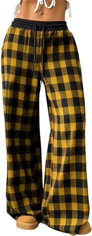 Women's Plaid Pants Plus Size Gingham Lounge Pajama Pant Drawstring Loose Bottoms Wide Leg Trousers with Pockets in Saudi Arabia