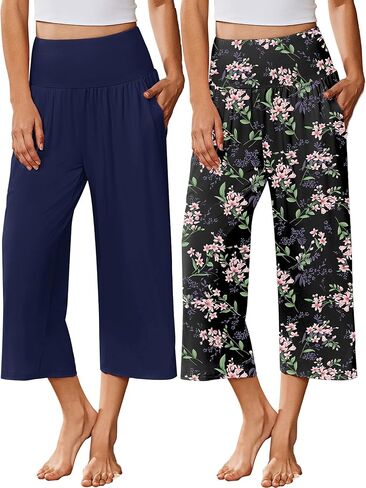 Ekouaer 2 Pack Womens Pajama Pants 2026 واسعة الساق كابري اليوغا السراويل صالة مريحة النوم PJ قيعان مع جيوب in Kuwait