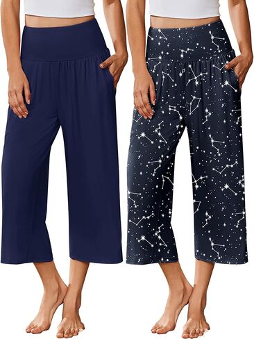 Ekouaer 2 Pack Womens Pajama Pants 2026 واسعة الساق كابري اليوغا السراويل صالة مريحة النوم PJ قيعان مع جيوب in Kuwait