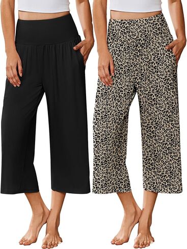 Ekouaer 2 Pack Womens Pajama Pants 2026 واسعة الساق كابري اليوغا السراويل صالة مريحة النوم PJ قيعان مع جيوب in Kuwait