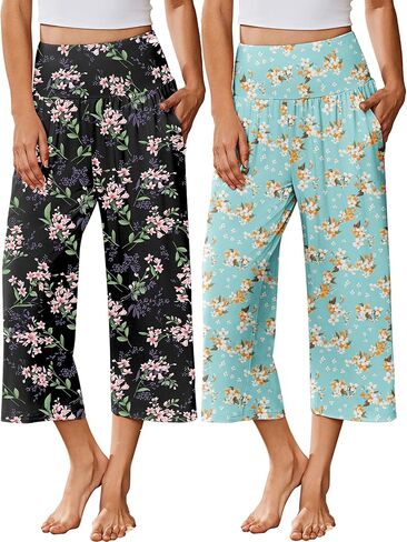 Ekouaer 2 Pack Womens Pajama Pants 2026 واسعة الساق كابري اليوغا السراويل صالة مريحة النوم PJ قيعان مع جيوب in Kuwait