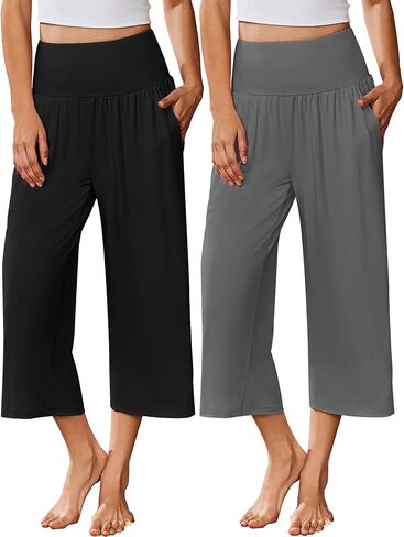 Ekouaer 2 Pack Womens Pajama Pants 2026 واسعة الساق كابري اليوغا السراويل صالة مريحة النوم PJ قيعان مع جيوب in Kuwait