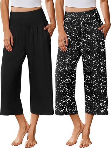 Ekouaer 2 Pack Womens Pajama Pants 2026 واسعة الساق كابري اليوغا السراويل صالة مريحة النوم PJ قيعان مع جيوب in Kuwait