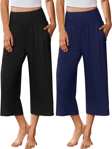 Ekouaer 2 Pack Womens Pajama Pants 2026 واسعة الساق كابري اليوغا السراويل صالة مريحة النوم PJ قيعان مع جيوب in Kuwait