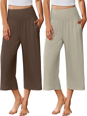 Ekouaer 2 Pack Womens Pajama Pants 2026 واسعة الساق كابري اليوغا السراويل صالة مريحة النوم PJ قيعان مع جيوب in Kuwait