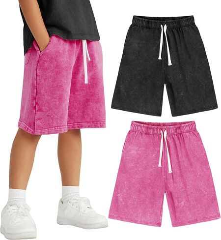 Flygo 2 Pack Boys Girls Cotton Shorts Acid Washed Active Pull On Jogger Shorts Kids Casual Athletic Loose Fit 5-14Y(Black+Rose-XLarge) in Saudi Arabia