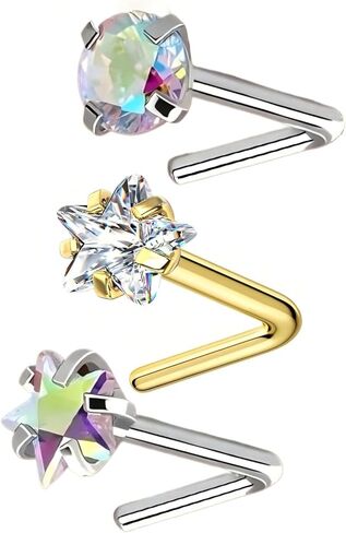 3PSC 925 sterling silver Nose Rings Studs For Women and Men ,20G AB Color/White L Shaped Nose Studs 4mm CZ Nose Studs, Colorful Cubic Zirconia Round /Star / Nose Rings Nostril Nose Piercing Body Piercing Jewelry in Saudi Arabia