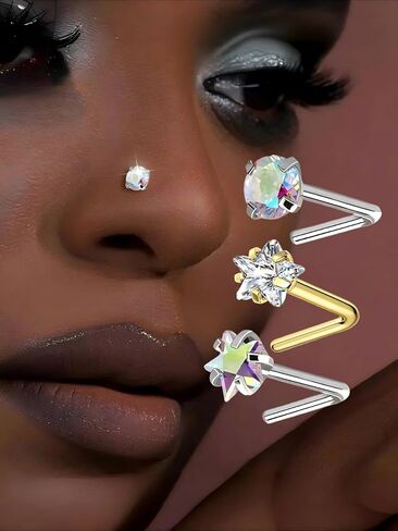 3PSC 925 sterling silver Nose Rings Studs For Women and Men ,20G AB Color/White L Shaped Nose Studs 4mm CZ Nose Studs, Colorful Cubic Zirconia Round /Star / Nose Rings Nostril Nose Piercing Body Piercing Jewelry in Saudi Arabia