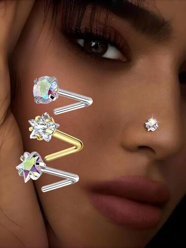 3PSC 925 sterling silver Nose Rings Studs For Women and Men ,20G AB Color/White L Shaped Nose Studs 4mm CZ Nose Studs, Colorful Cubic Zirconia Round /Star / Nose Rings Nostril Nose Piercing Body Piercing Jewelry in Saudi Arabia