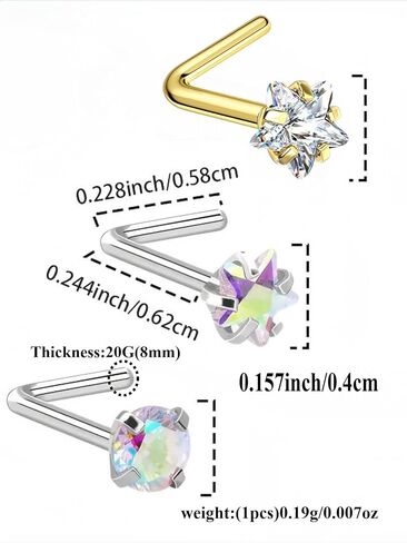 3PSC 925 sterling silver Nose Rings Studs For Women and Men ,20G AB Color/White L Shaped Nose Studs 4mm CZ Nose Studs, Colorful Cubic Zirconia Round /Star / Nose Rings Nostril Nose Piercing Body Piercing Jewelry in Saudi Arabia