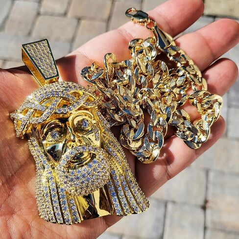 Gold Brass Lab Diamond Large Jesus Head Pendant & Premium 14K Stamped 10mm 20" 24" Miami Cuban Chain Hip Hop Jewelry Bling Fashion Necklace in Kuwait