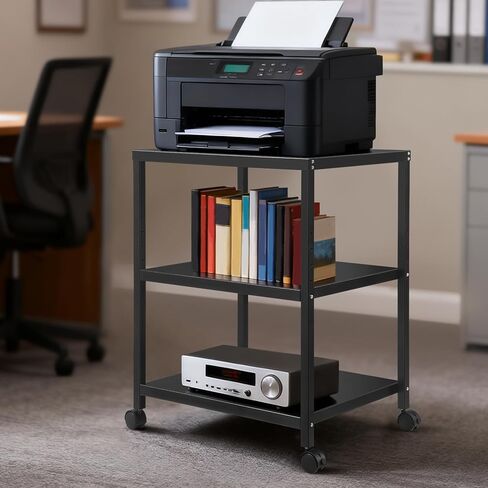3-Tier Under Desk Printer Stand, 30-Inch Deep Large Printer Table with Height-Adjustable Shelf & 4 Lockable Wheels, Space-Saving Organizer for Home & Office in Saudi Arabia